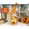 This is a pumpkin decoration. It is made from a real gourd.  It has a scarecrow face and a handmade witch hat. The hat is orange plaid.  